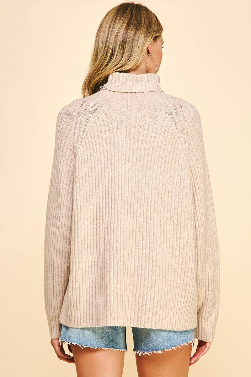 RIBBED TURTLENECK SWEATER - OATMEAL: S