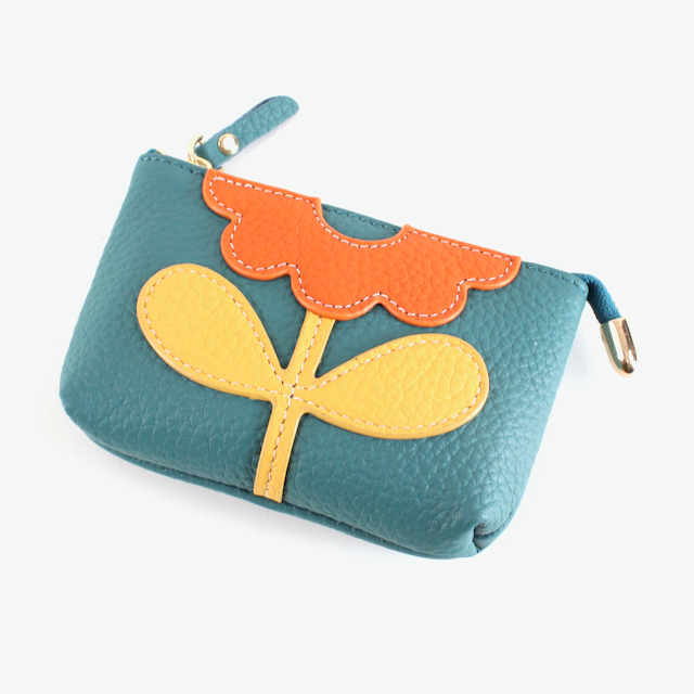 Flower Applique Leather Coin Purse: Black