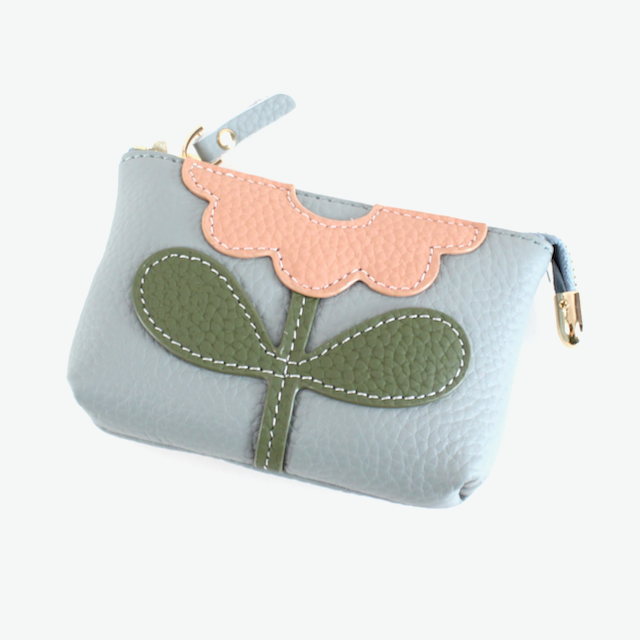 Flower Applique Leather Coin Purse: Black