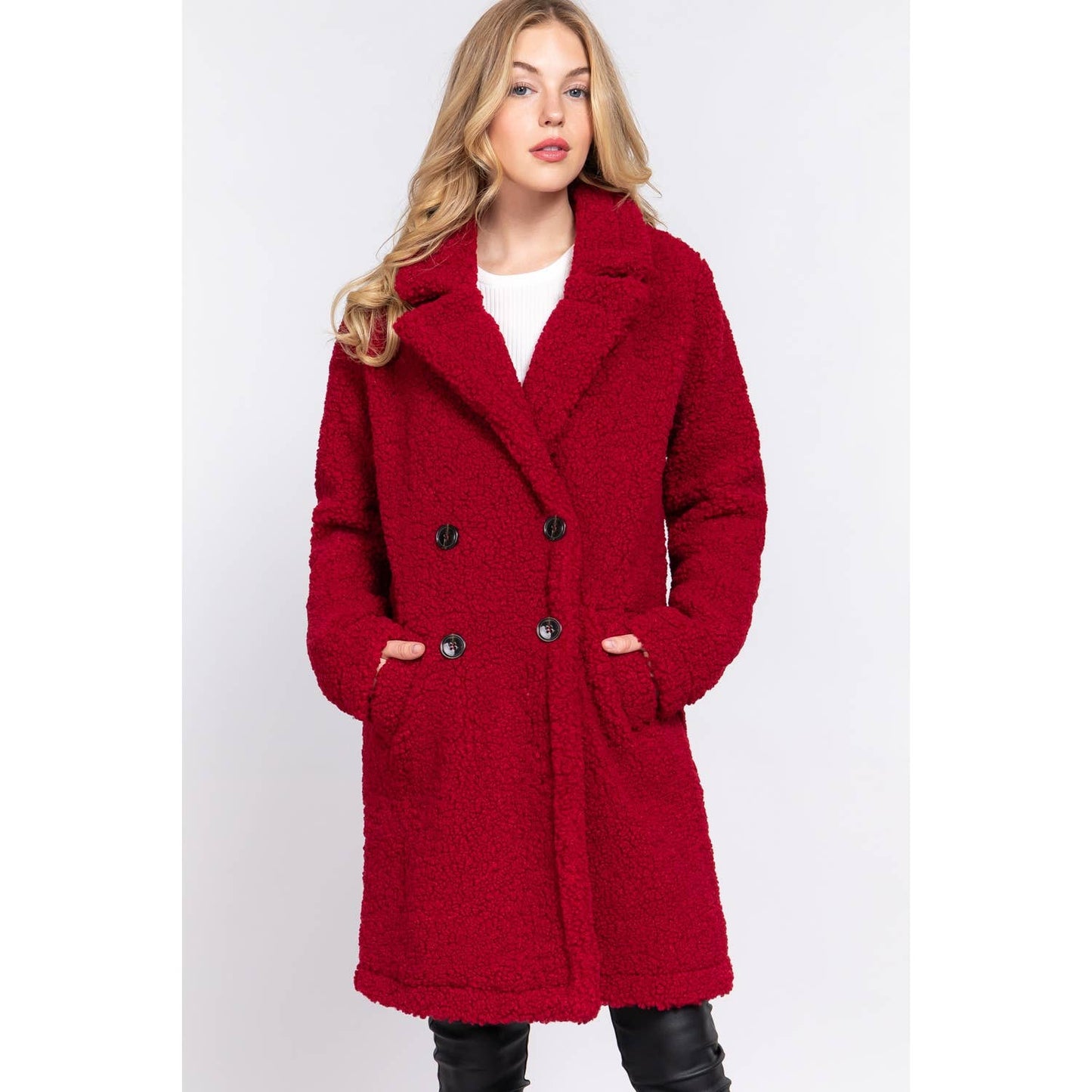 DOUBLE BREASTED FAUX FUR TEDDY COAT: PINK MAUVE / M