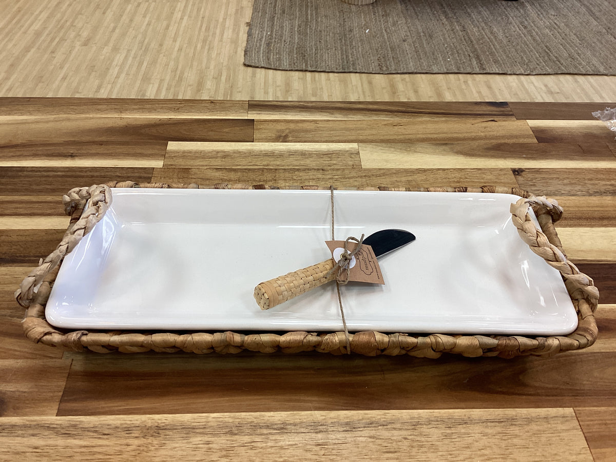 Woven seagrass hostess tray set