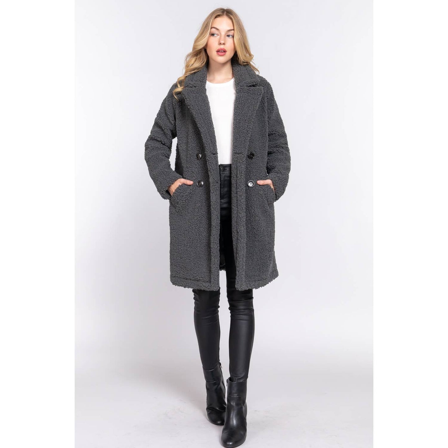 DOUBLE BREASTED FAUX FUR TEDDY COAT: PINK MAUVE / M