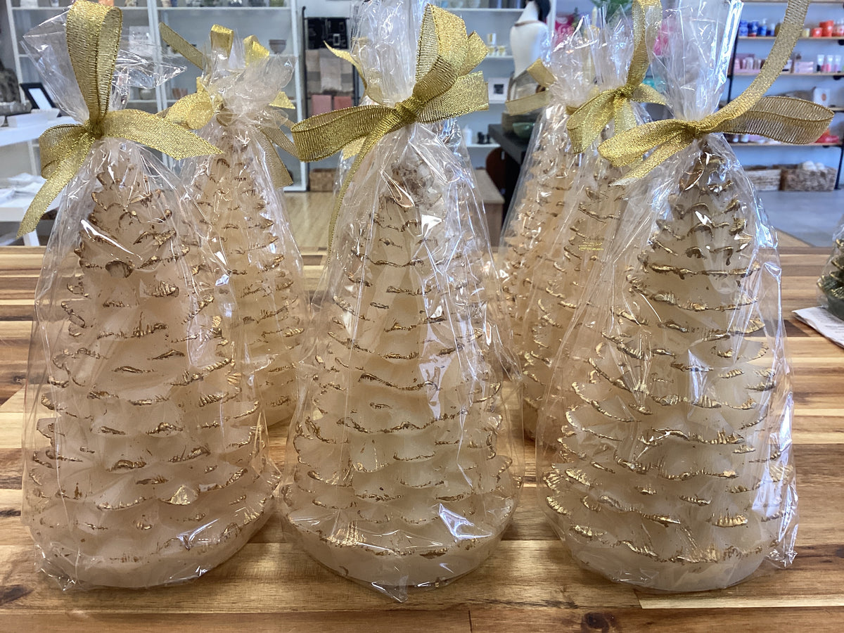 7” tree candle, cream with gold tips