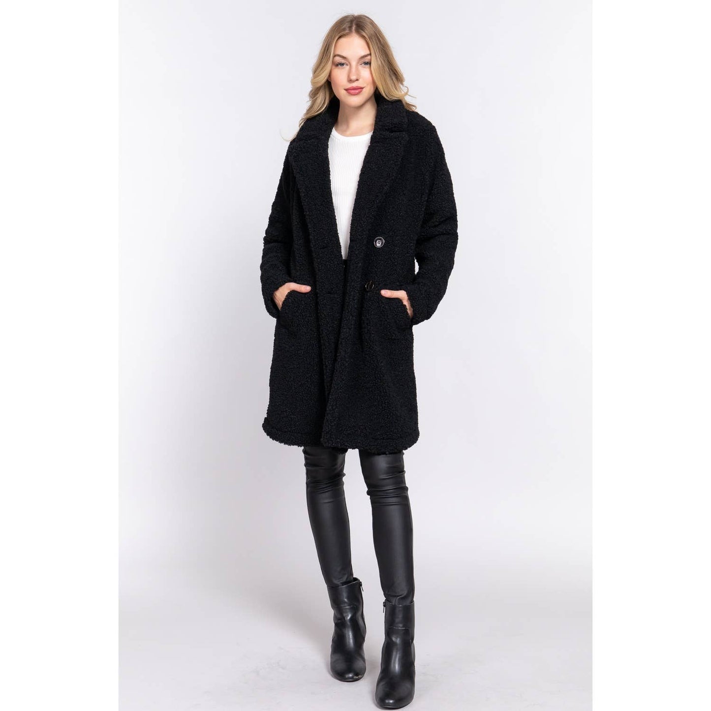 DOUBLE BREASTED FAUX FUR TEDDY COAT: PINK MAUVE / M