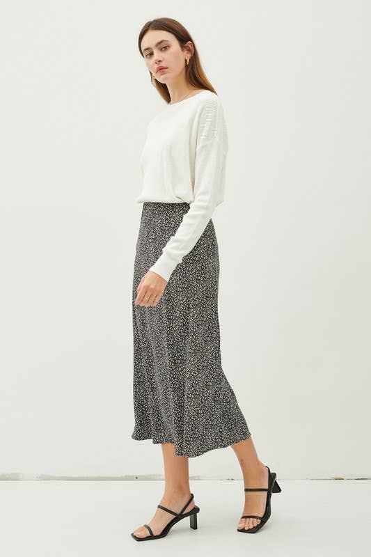FLORAL PRINT MIDI SKIRT WITH ELASTIC WAISTBAND: Red Orange / L