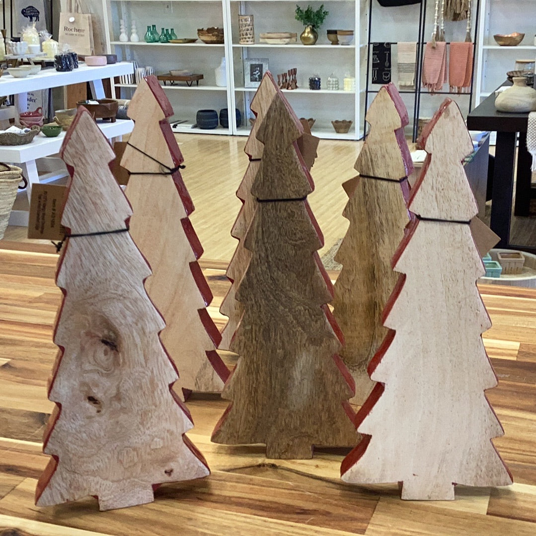 11”H mango wood Christmas tree with red enameled edge