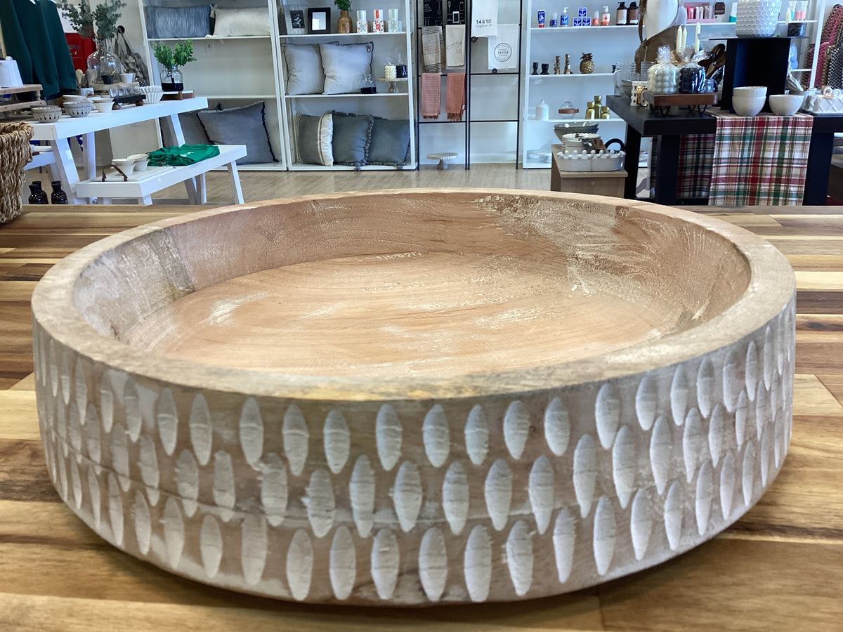 Round Wood bowl with white accent
