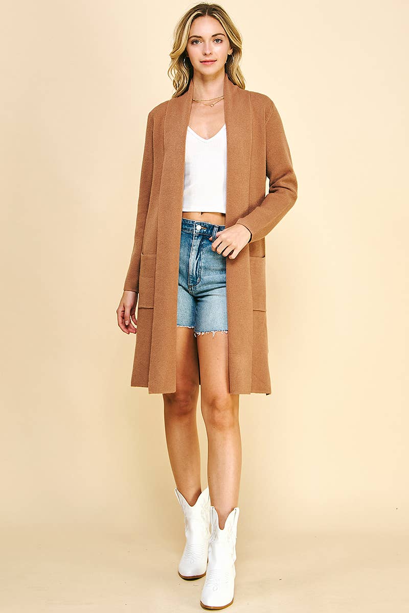 OPEN KNITTED CARDIGAN - CAMEL: SM