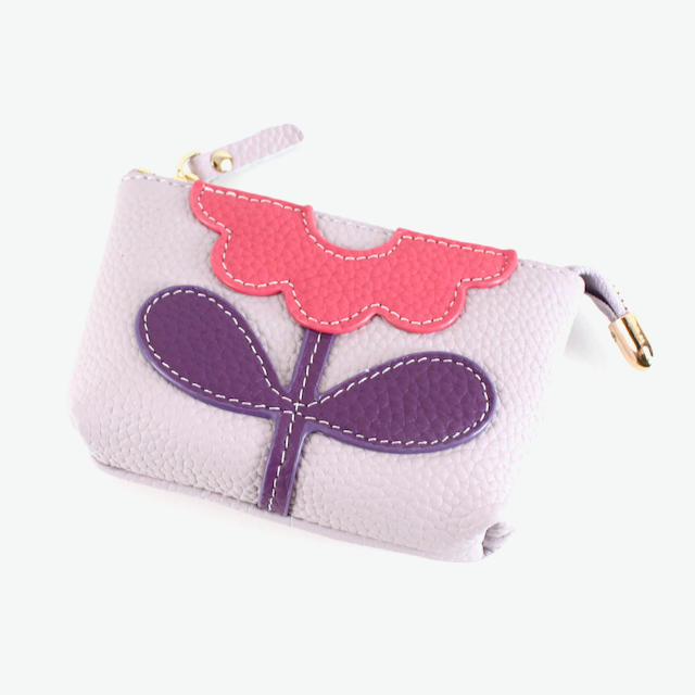Flower Applique Leather Coin Purse: Black