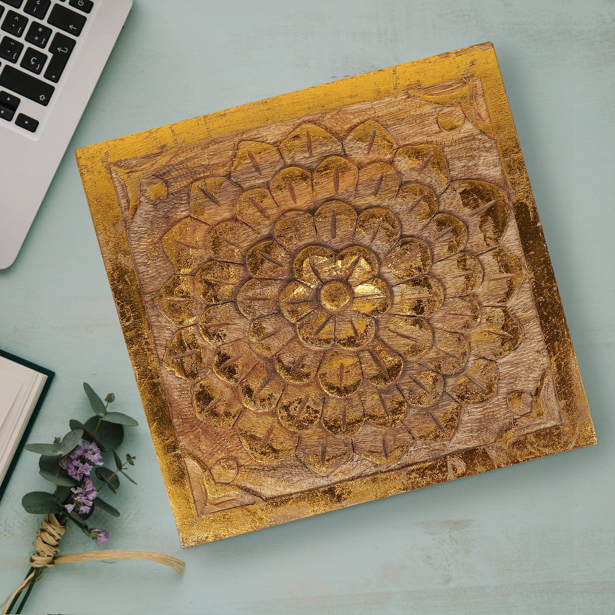 Blossom Box in Gold and Natural: Medium- 7.5” x 7.5” x 3.5”