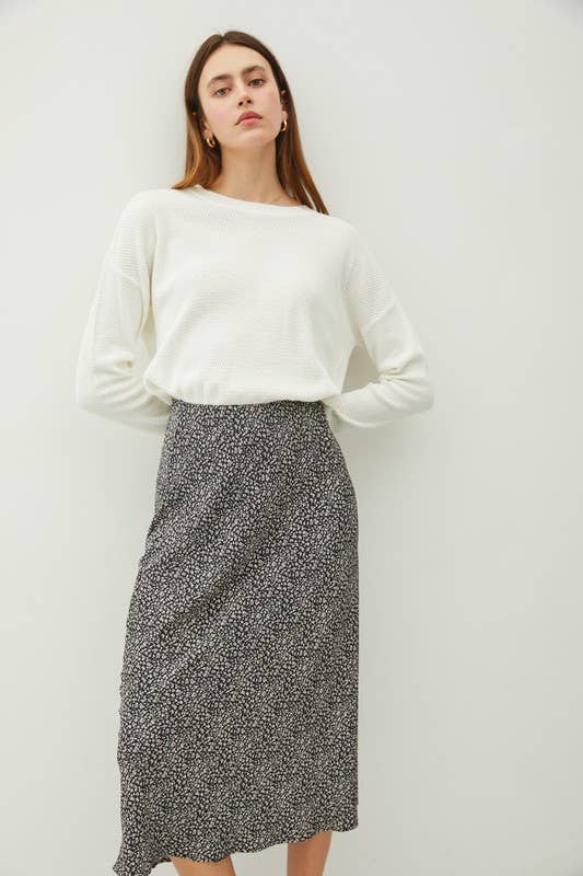 FLORAL PRINT MIDI SKIRT WITH ELASTIC WAISTBAND: Red Orange / L