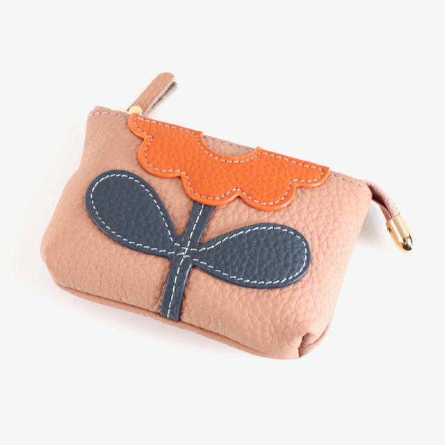 Flower Applique Leather Coin Purse: Black