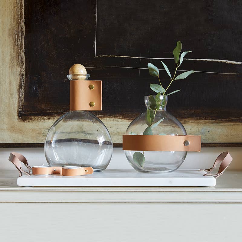 Round Glass + Leather Vase -Natural