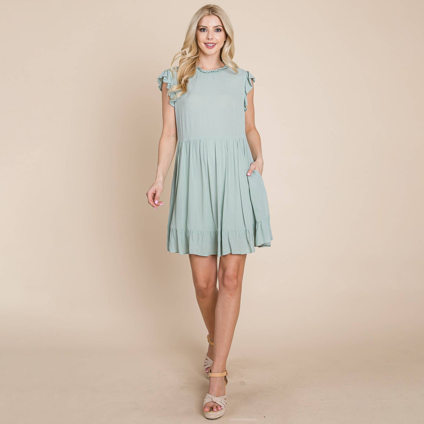 Sleeveless Babydoll Ruffled dress with pockets: Sage / Large 12-14