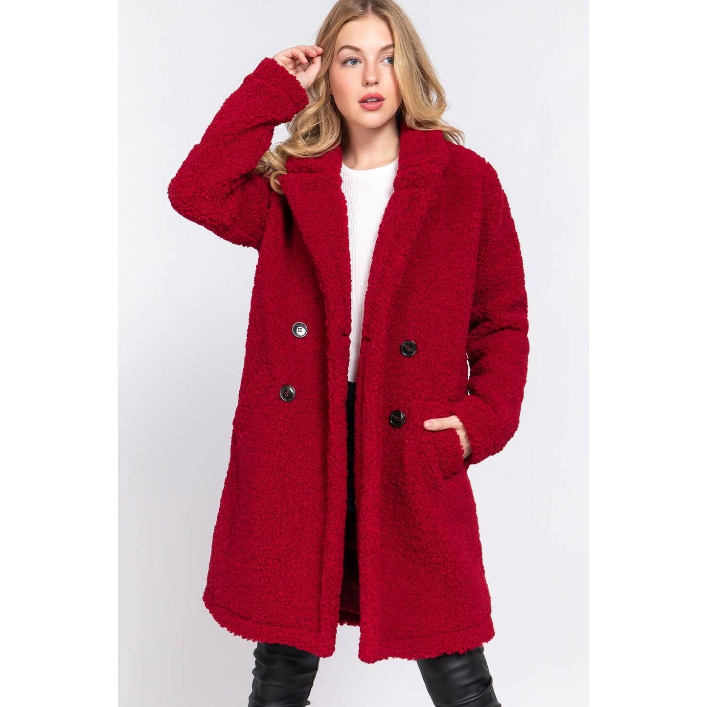 DOUBLE BREASTED FAUX FUR TEDDY COAT: PINK MAUVE / M