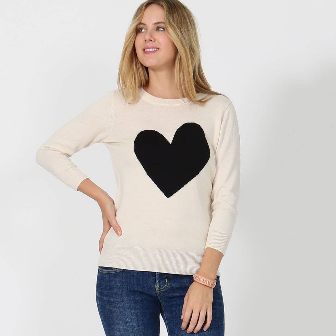 ....SI-6396 Sweet cute heart valentine pullover sweater: Navy/Oatmeal-151442 / M