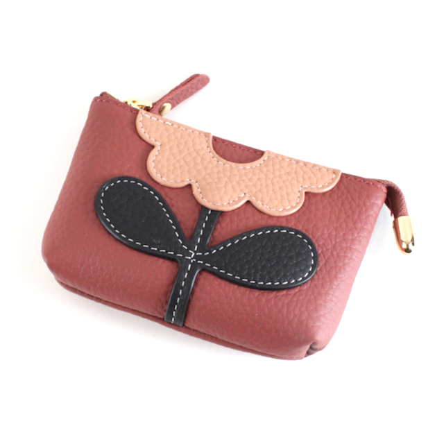 Flower Applique Leather Coin Purse: Black