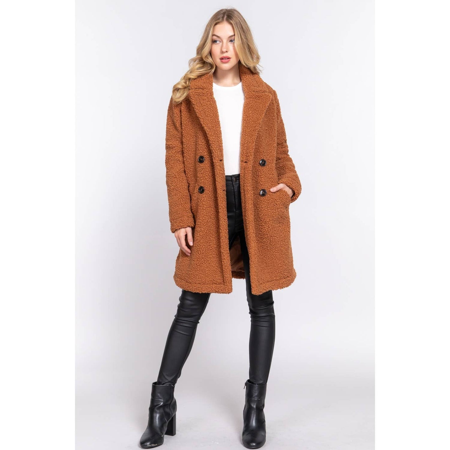 DOUBLE BREASTED FAUX FUR TEDDY COAT: PINK MAUVE / M