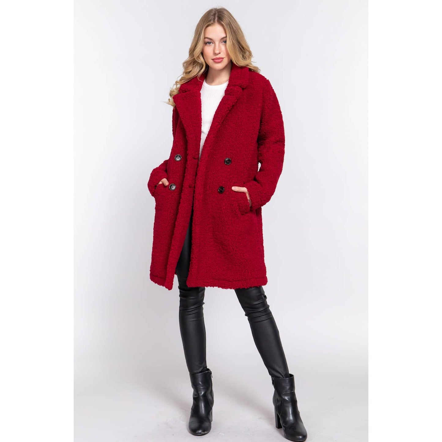 DOUBLE BREASTED FAUX FUR TEDDY COAT: PINK MAUVE / M