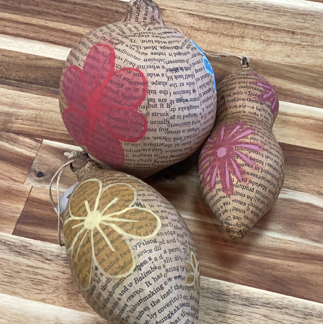 Paper mache newsprint ornament with hand painted flowers