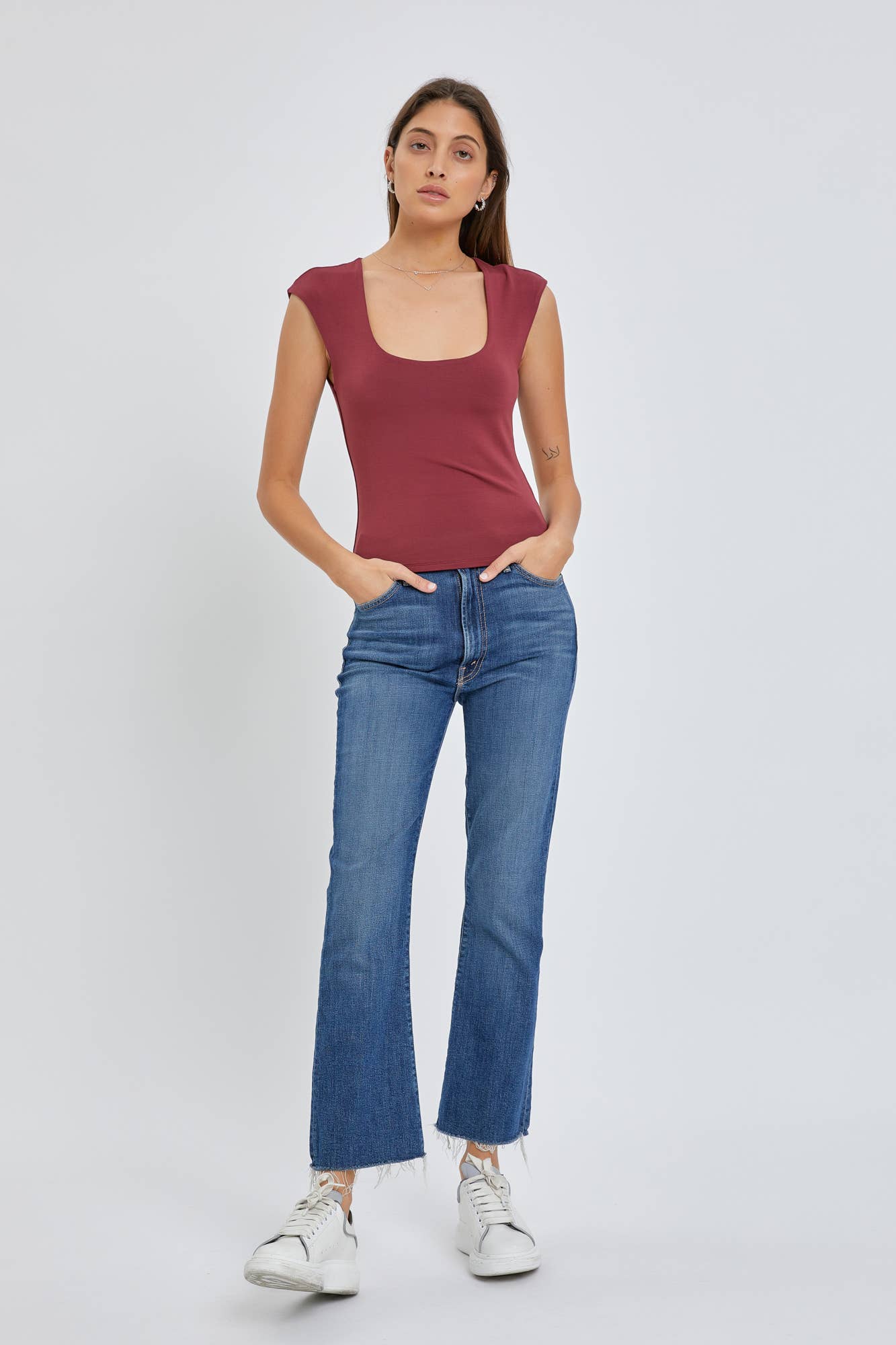 BASIC CAP SLEEVE KNIT TOP: Large / Off White