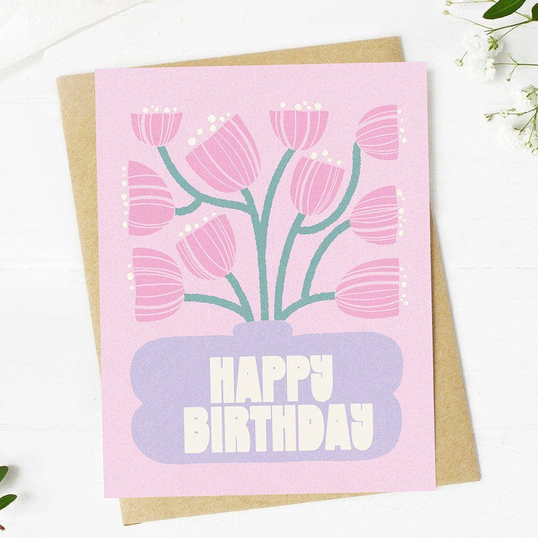 Happy Birthday Pink Flowers Purple Vase Abstract Card