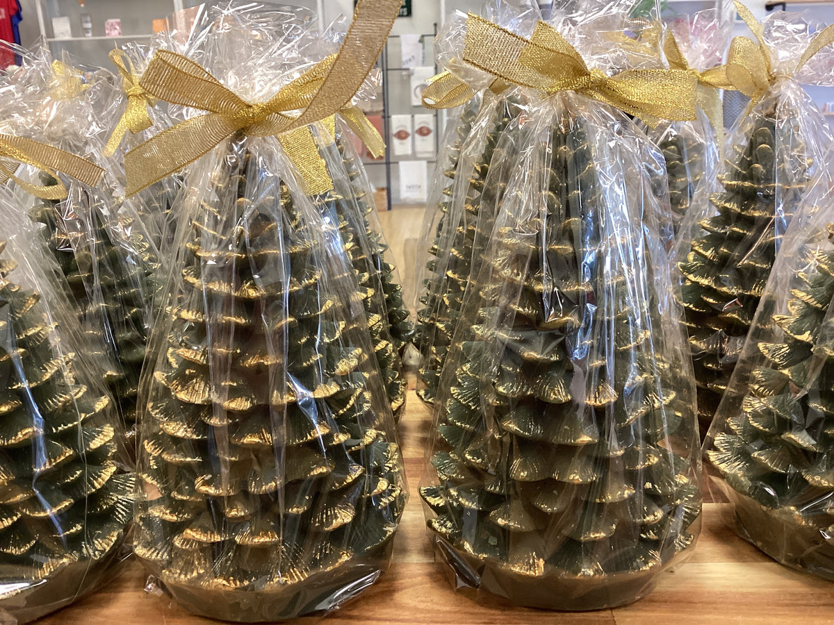 7” tree candle, green with gold tips