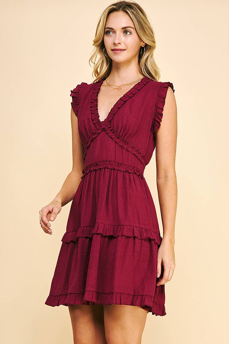 V-NECK RUFFLE MINI DRESS - MAROON: S