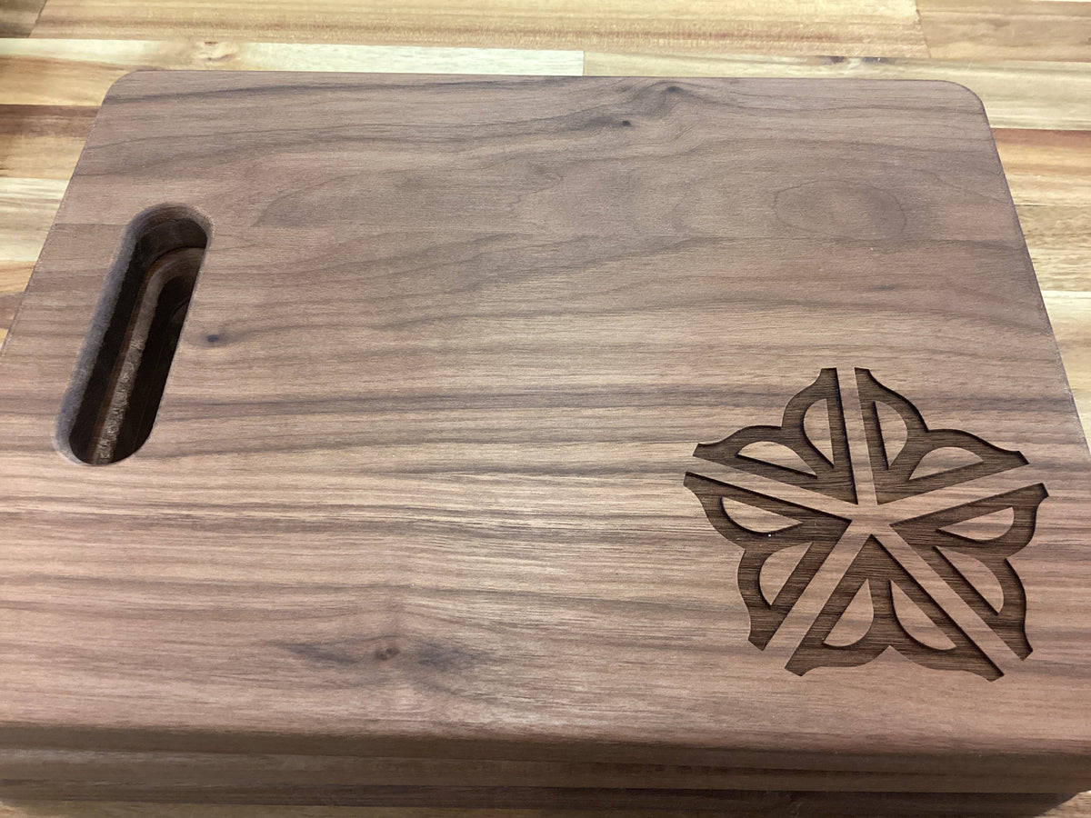 Walnut cutting/charcuterie board, Bills & Rochester flower symbol