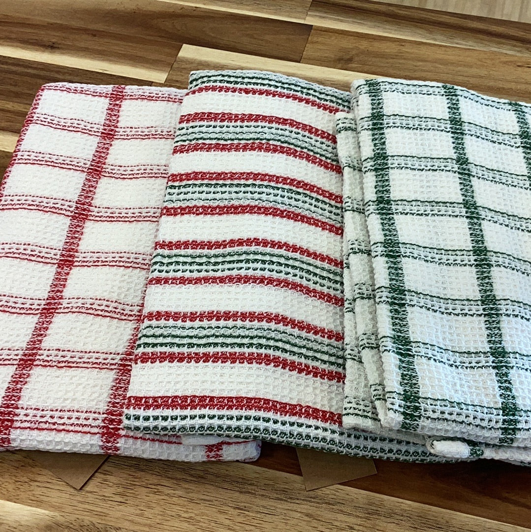 Waffle weave tea towel dish towel with stripes or grid pattern