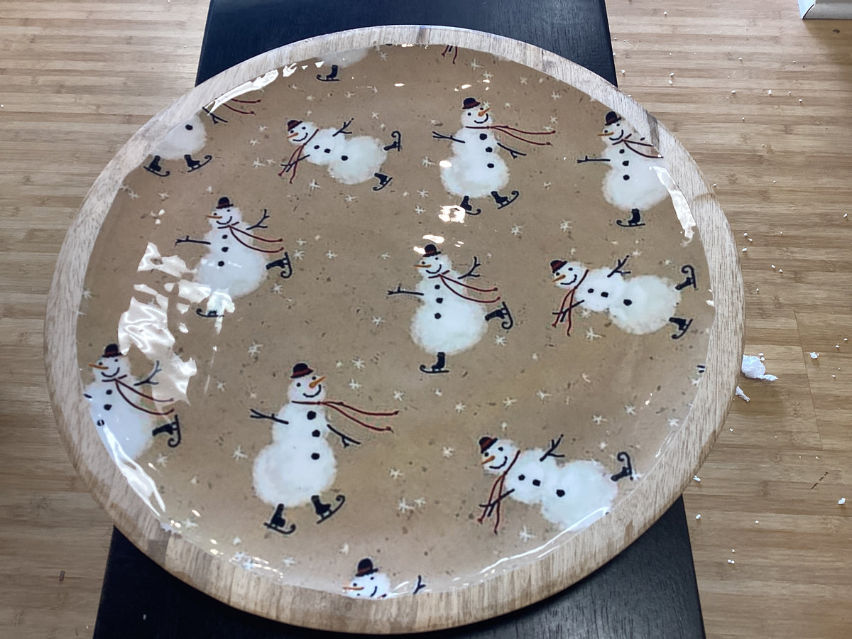 Snowman pattern tray/ mango wood