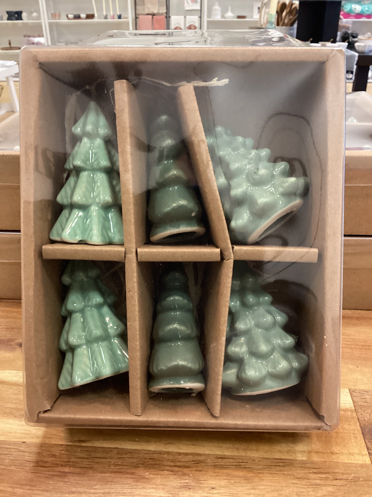 6 green stoneware trees, box set