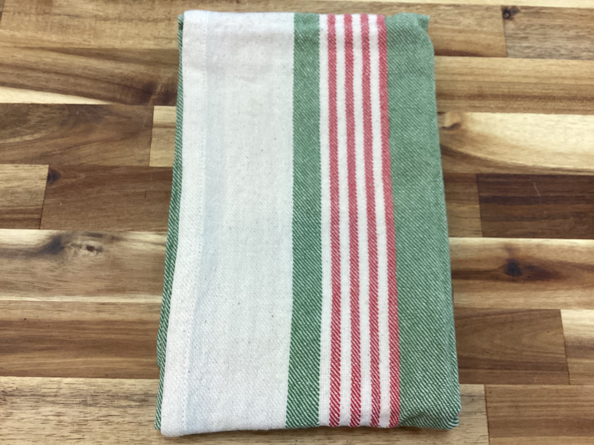 Christmas tea towel with stripes, red and green