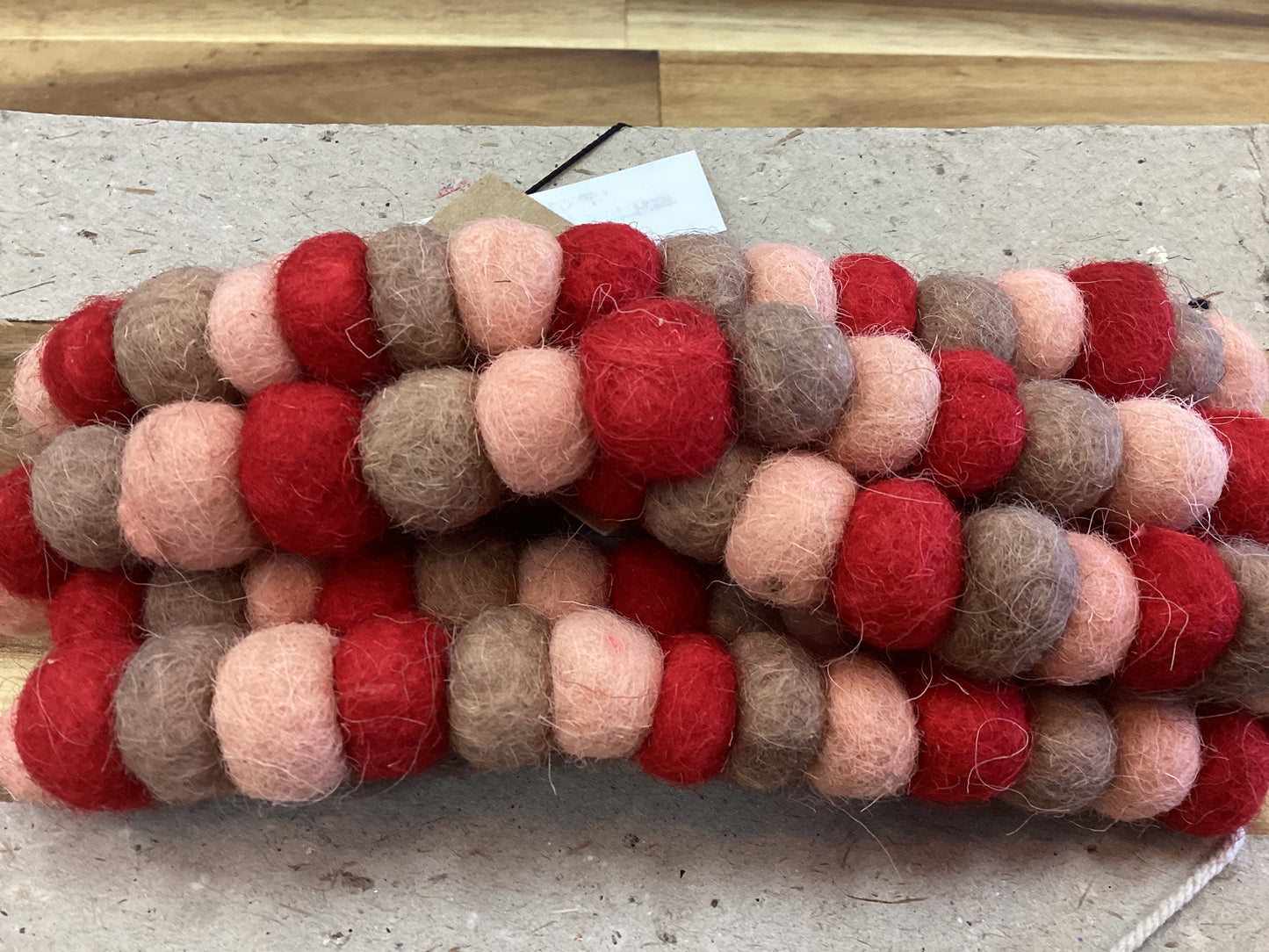 72” wool felt ball garland/red, pink, brown