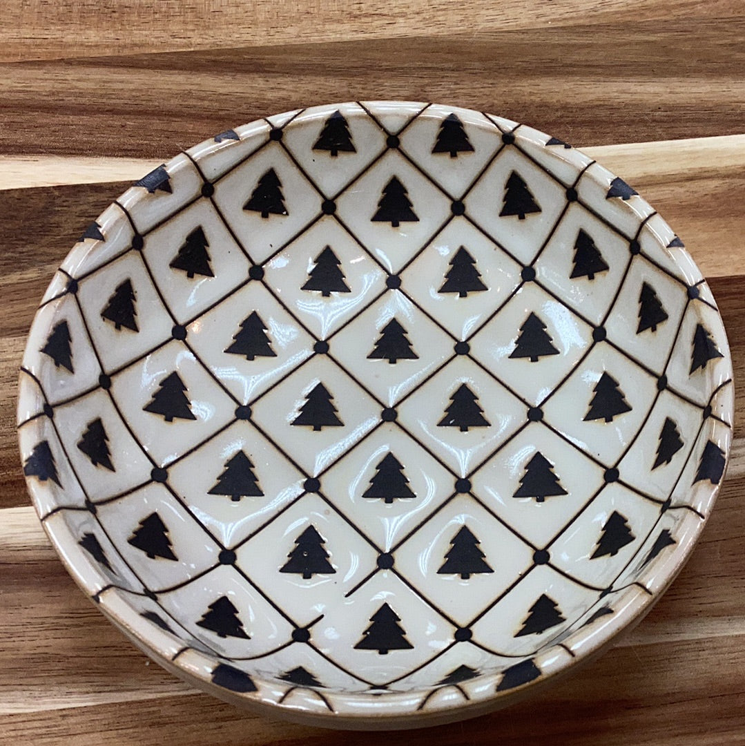 5” round stoneware bowl with tree pattern