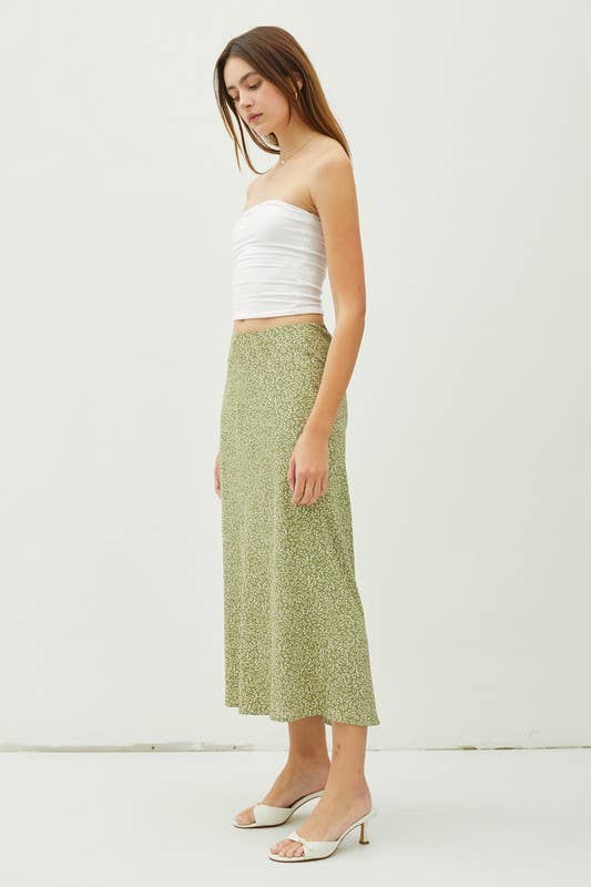 FLORAL PRINT MIDI SKIRT WITH ELASTIC WAISTBAND: Red Orange / L
