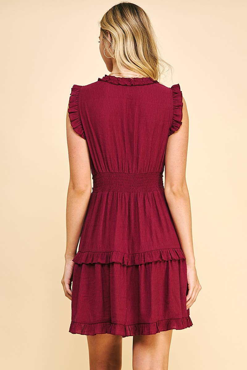 V-NECK RUFFLE MINI DRESS - MAROON: S