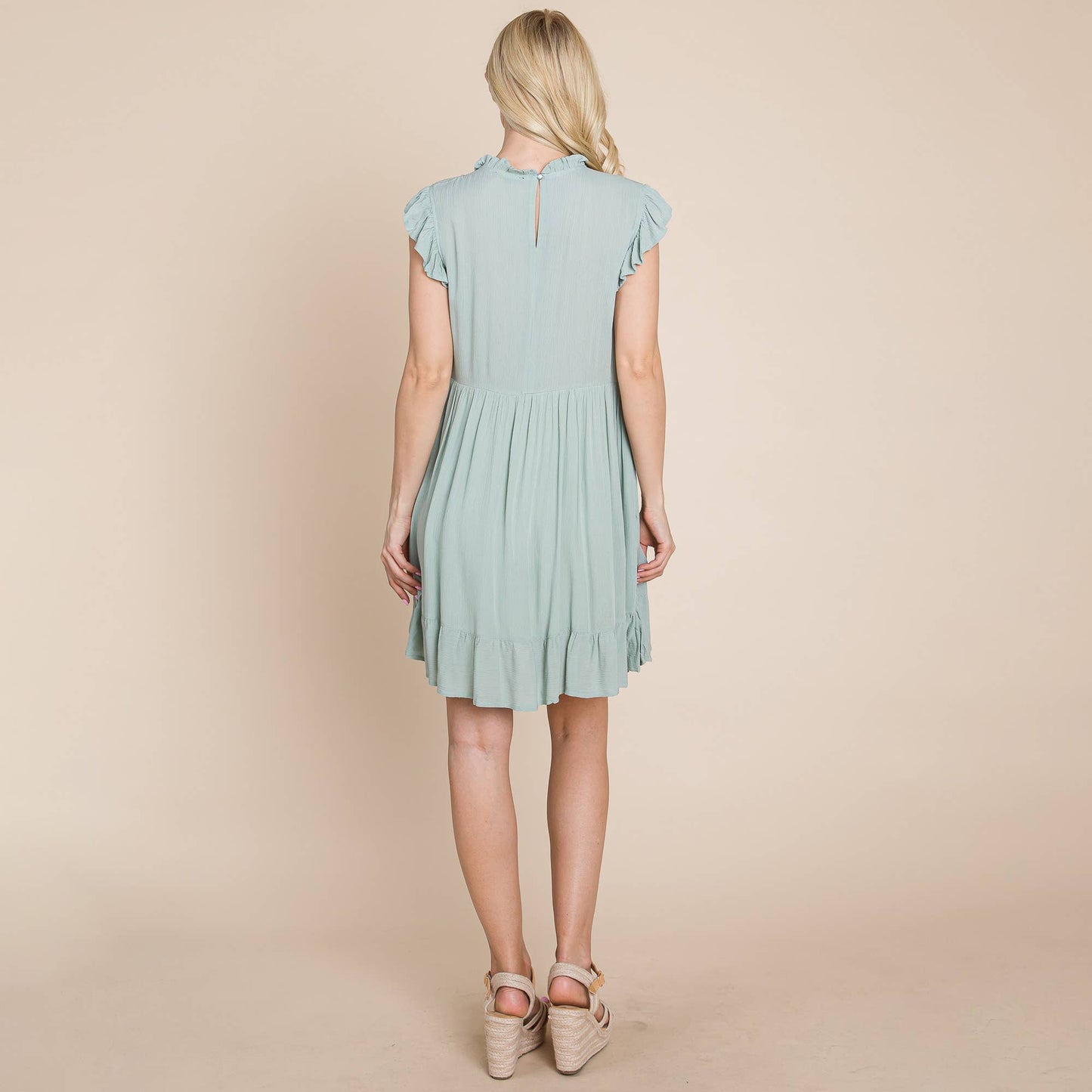 Sleeveless Babydoll Ruffled dress with pockets: Sage / Large 12-14