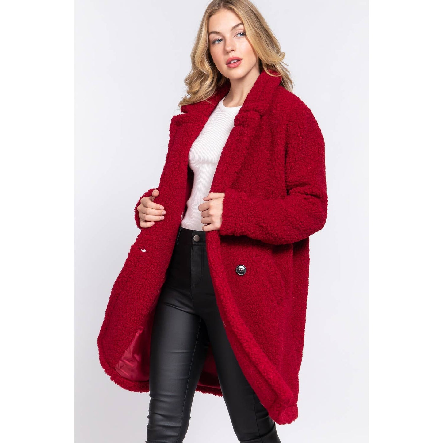 DOUBLE BREASTED FAUX FUR TEDDY COAT: PINK MAUVE / M