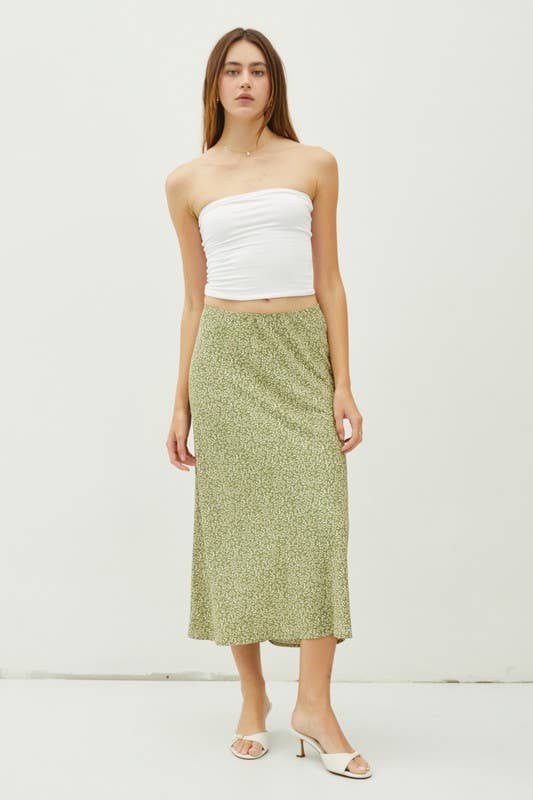 FLORAL PRINT MIDI SKIRT WITH ELASTIC WAISTBAND: Red Orange / L