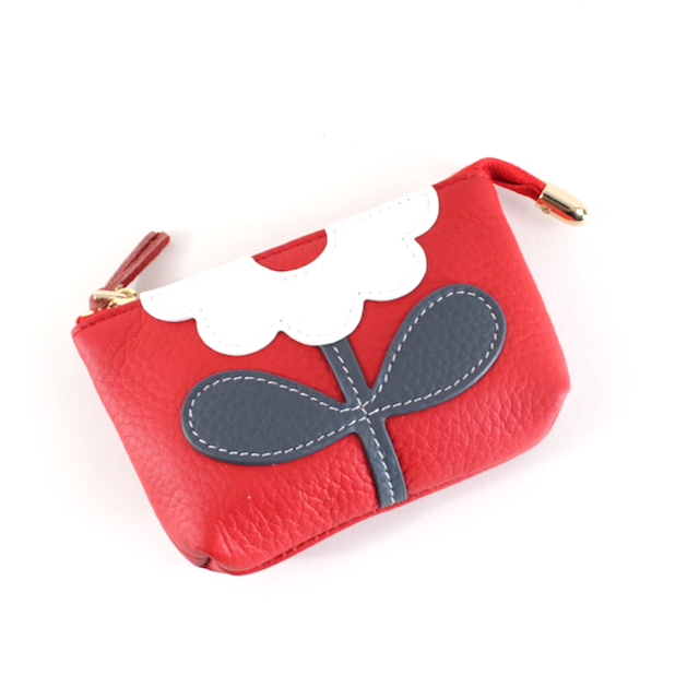 Flower Applique Leather Coin Purse: Black