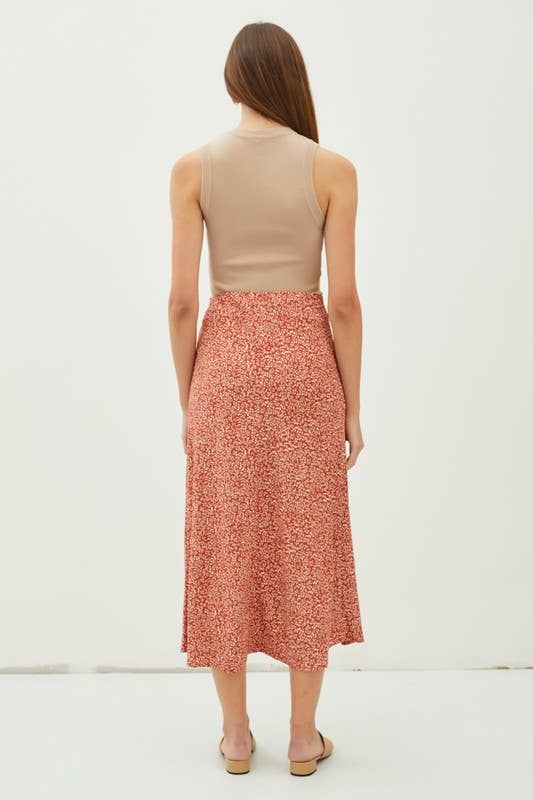 FLORAL PRINT MIDI SKIRT WITH ELASTIC WAISTBAND: Red Orange / L