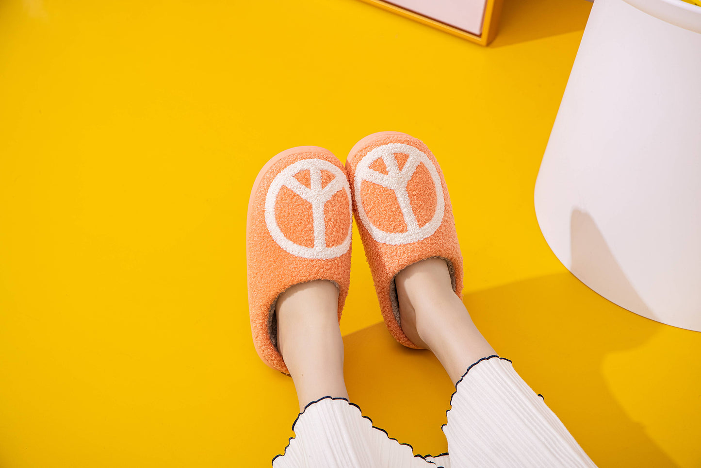 Peace Symbol Illustrated Plush Fur Slip on Slippers: Peace / X-Large
