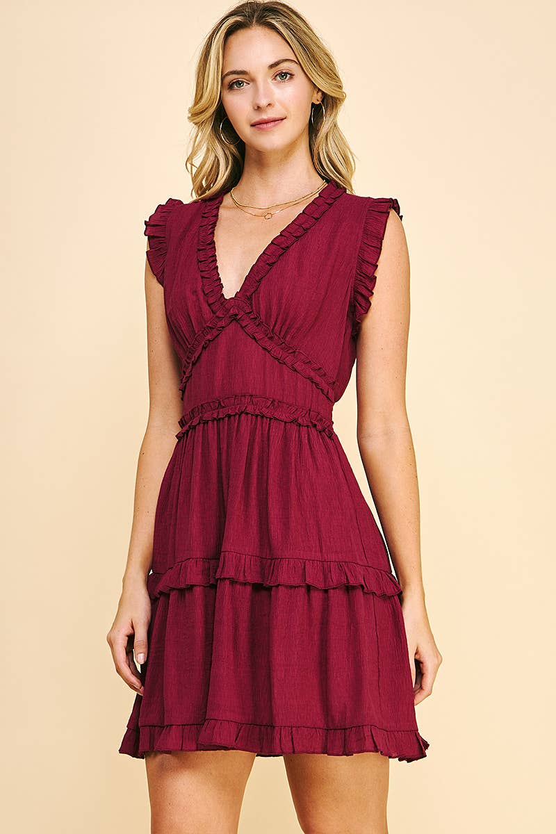 V-NECK RUFFLE MINI DRESS - MAROON: S