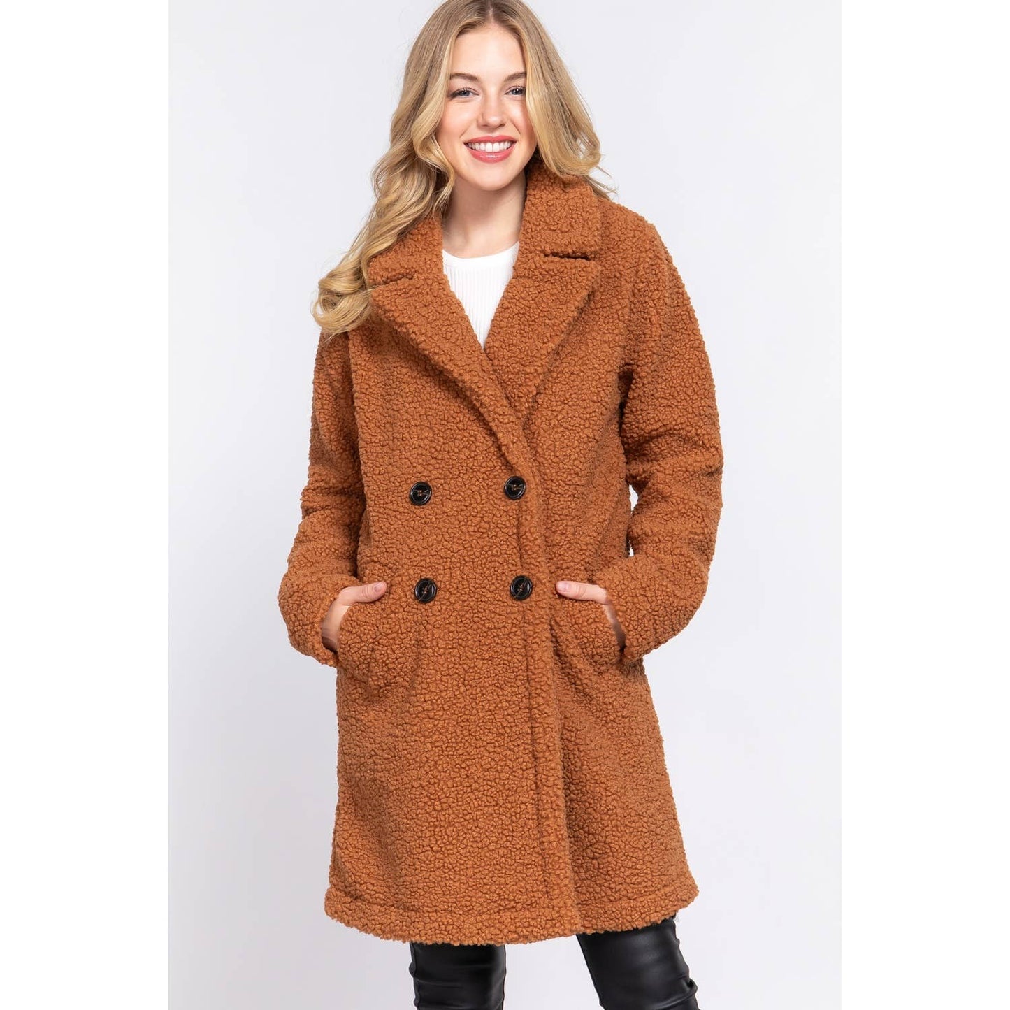 DOUBLE BREASTED FAUX FUR TEDDY COAT: PINK MAUVE / M