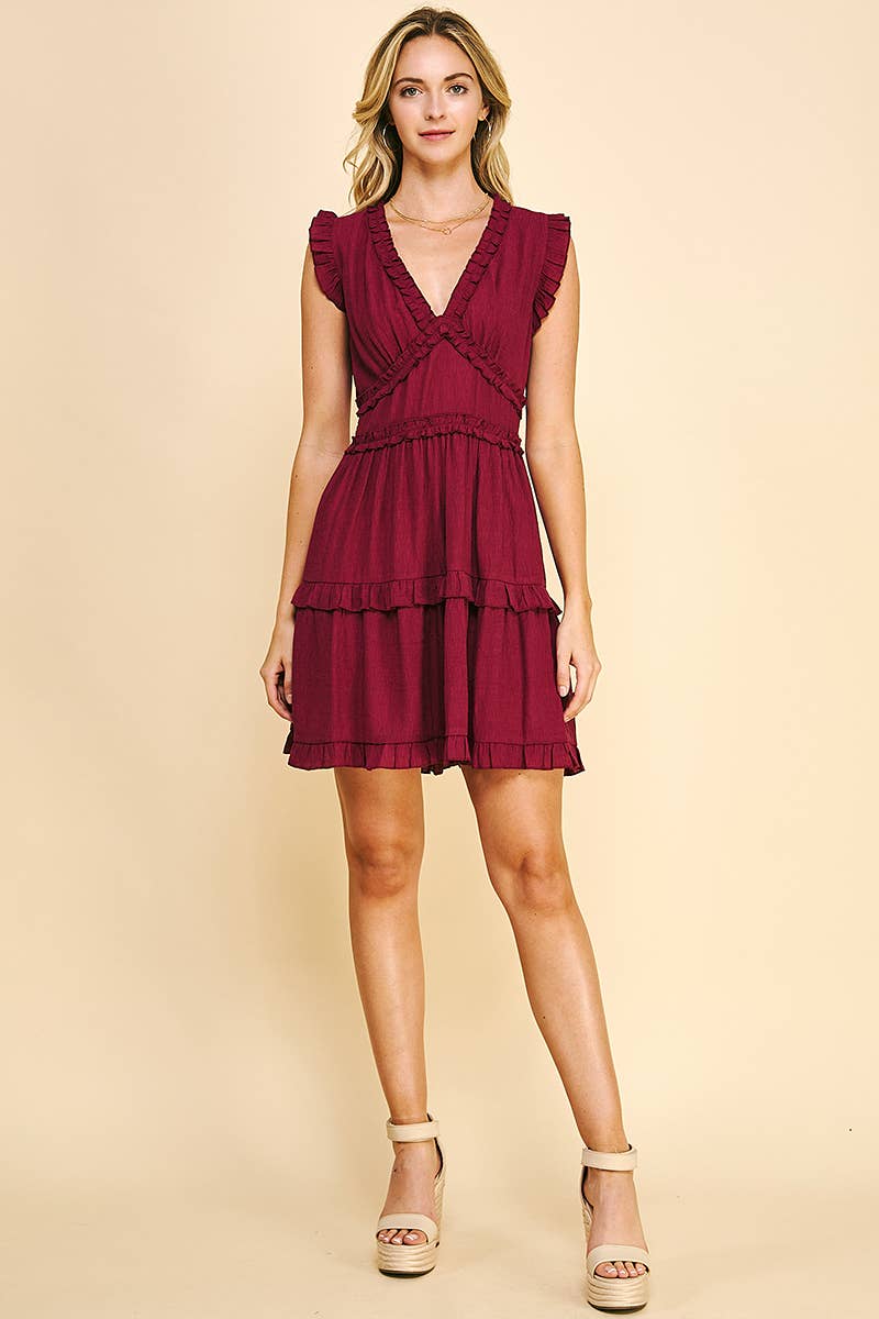 V-NECK RUFFLE MINI DRESS - MAROON: M