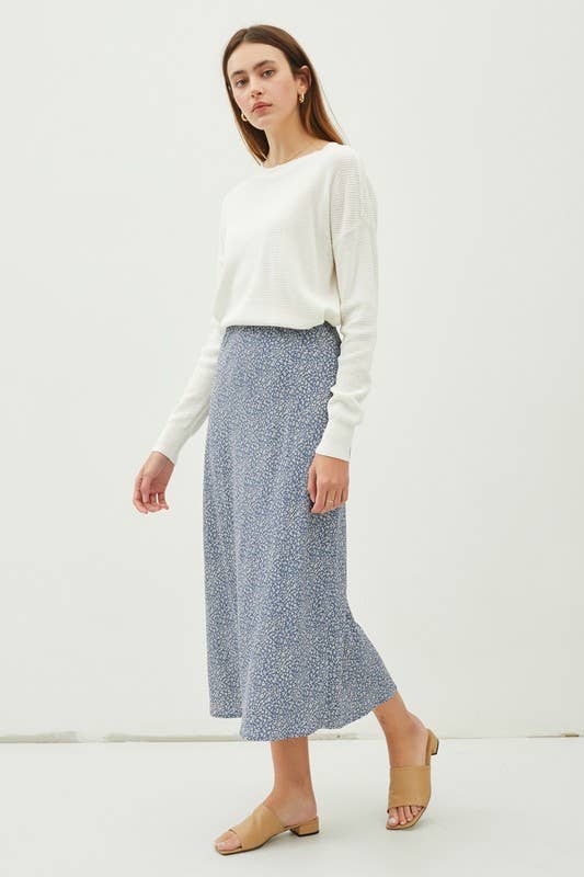 FLORAL PRINT MIDI SKIRT WITH ELASTIC WAISTBAND: Red Orange / L