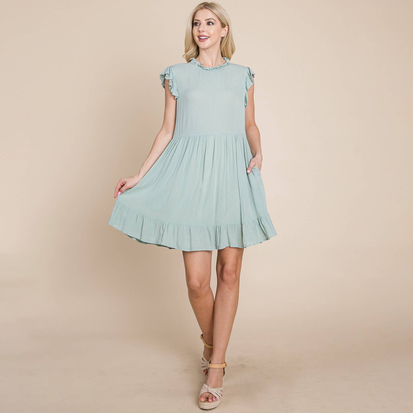 Sleeveless Babydoll Ruffled dress with pockets: Sage / Large 12-14