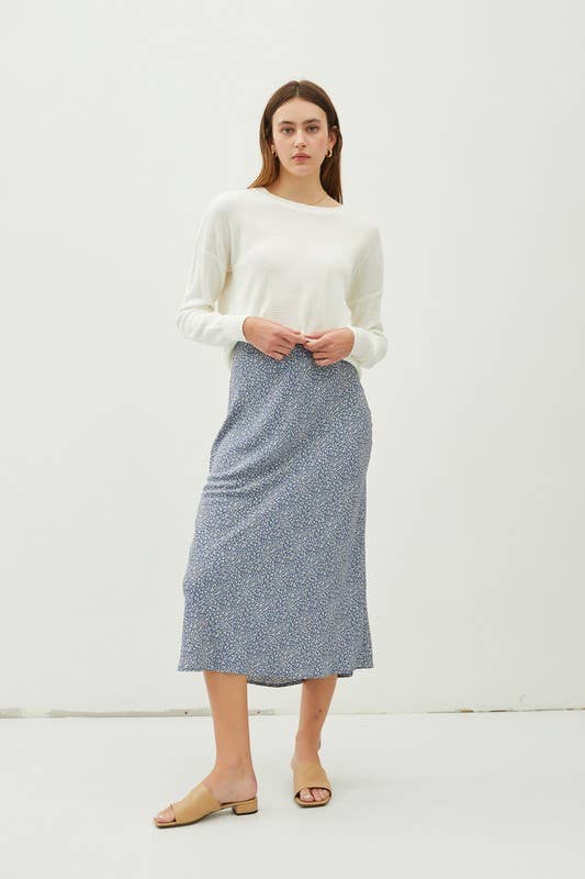 FLORAL PRINT MIDI SKIRT WITH ELASTIC WAISTBAND: Red Orange / L
