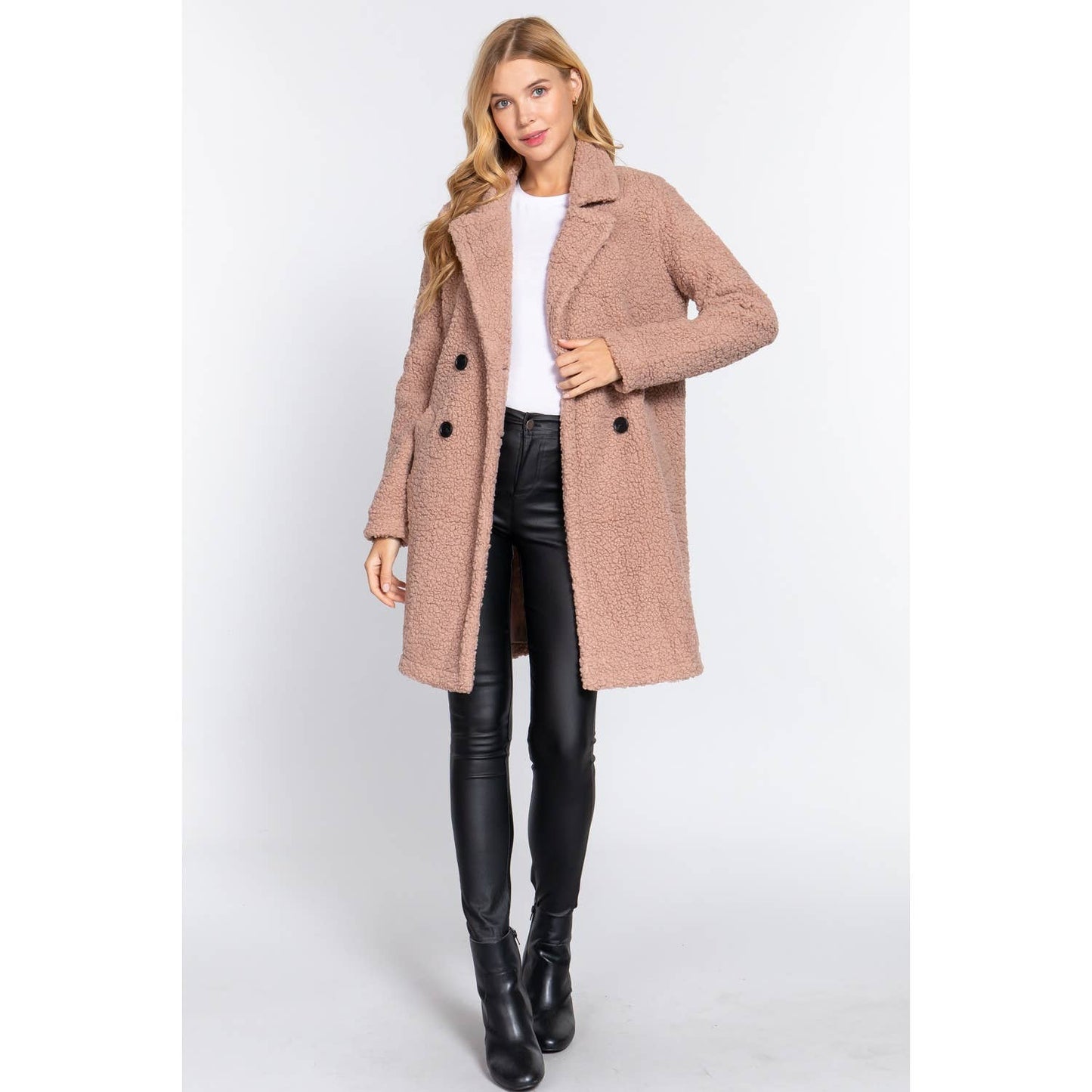 DOUBLE BREASTED FAUX FUR TEDDY COAT: GRY-CHARCOAL / M
